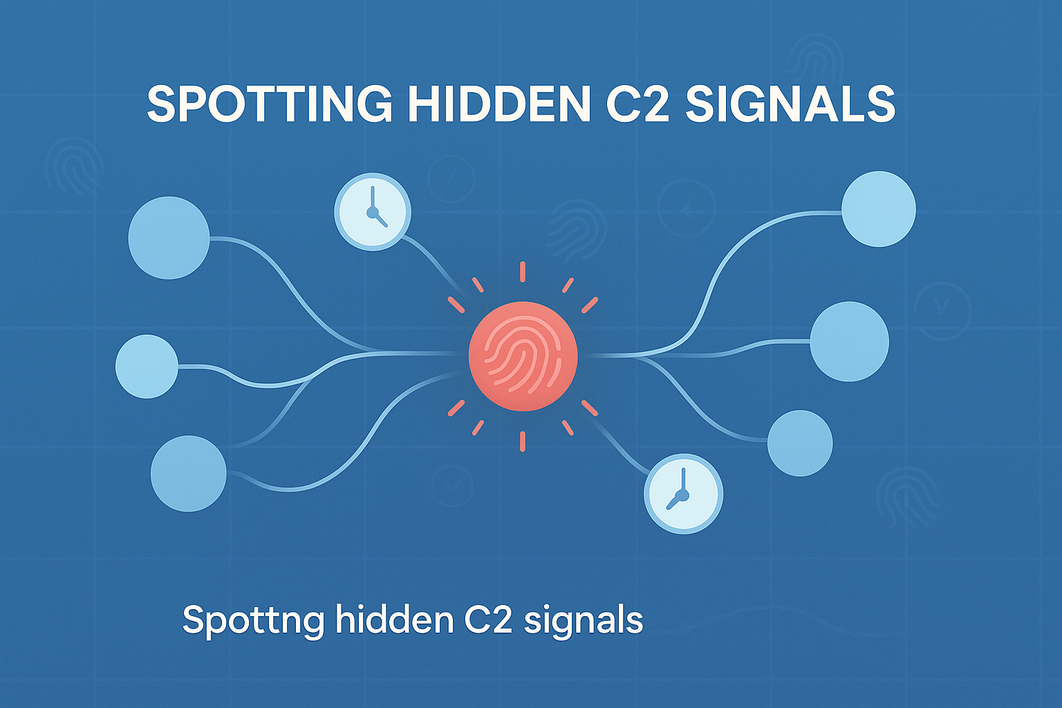 Network diagram with fingerprint hub and connected nodes showing patterns for detecting C2 communication behavior.