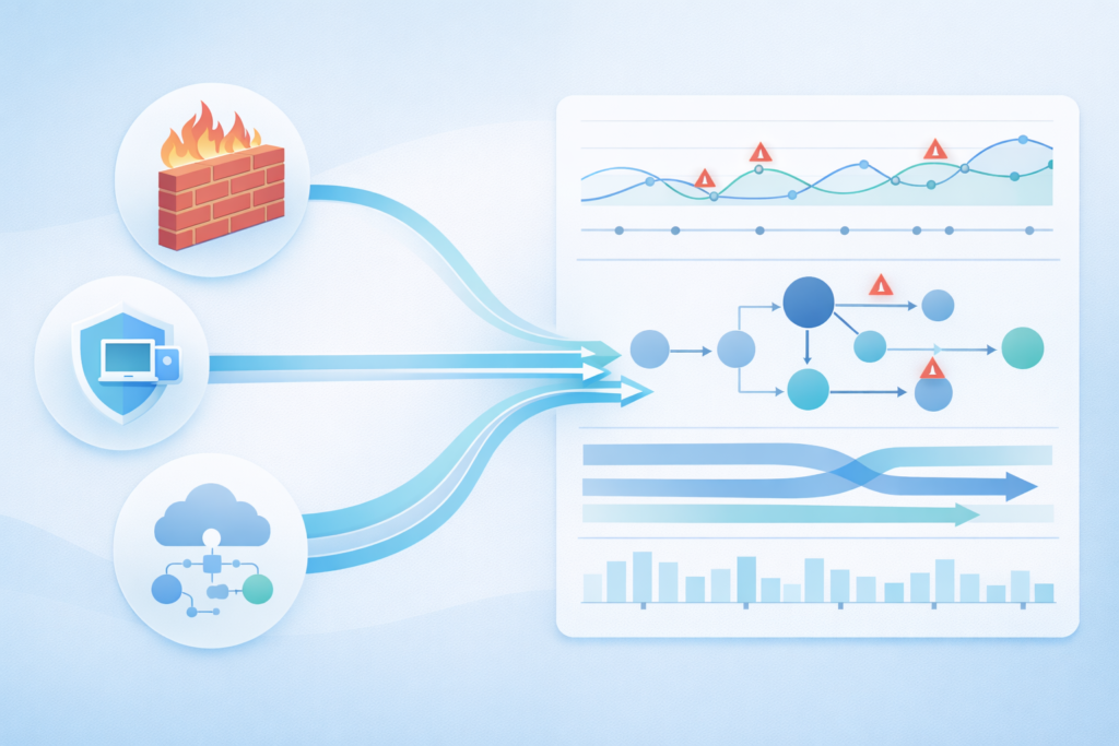 Diagram illustrating analyzing flow data security insights from firewall, devices, and cloud through network visualization