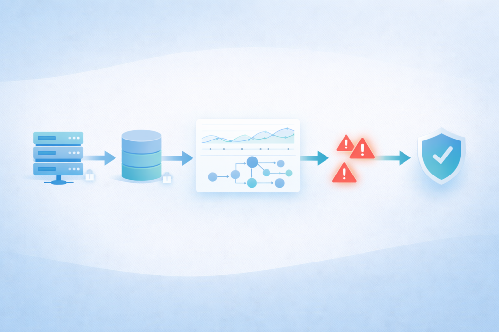 Process flow showing analyzing flow data security insights from servers through database, analytics, threat detection to protection 