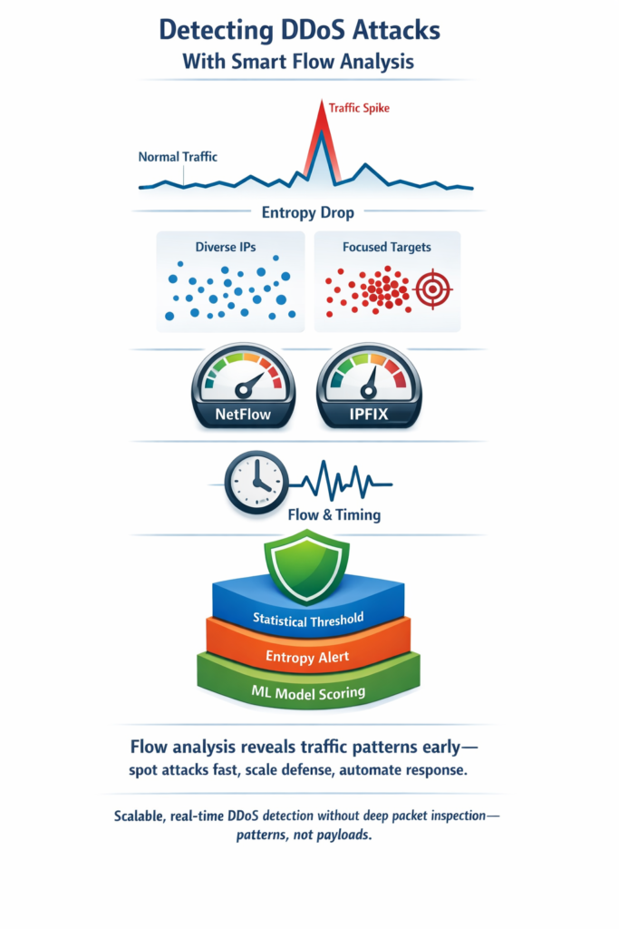 Infographic showing detecting DDoS attacks flow analysis through traffic patterns, entropy monitoring, and protocol metrics