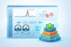 Dashboard interface for detecting DDoS attacks flow analysis showing traffic spikes, entropy patterns, and NetFlow IPFIX metrics