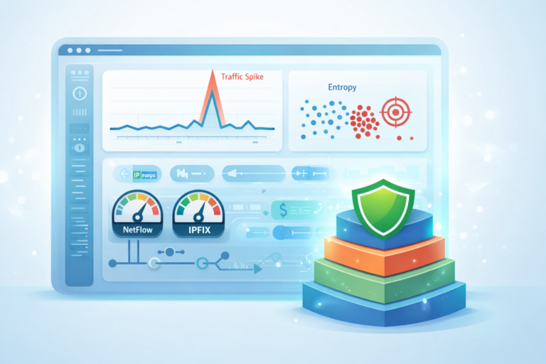 Dashboard interface for detecting DDoS attacks flow analysis showing traffic spikes, entropy patterns, and NetFlow IPFIX metrics