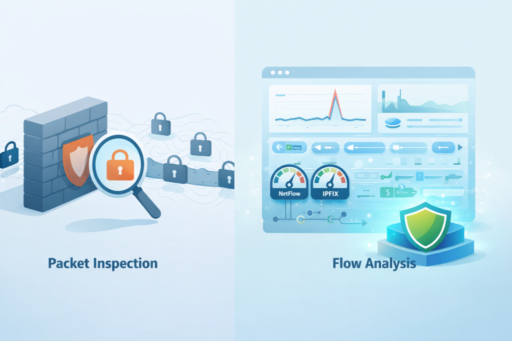 Comparison showing packet inspection with firewall versus detecting DDoS attacks flow analysis dashboard with metrics and alerts