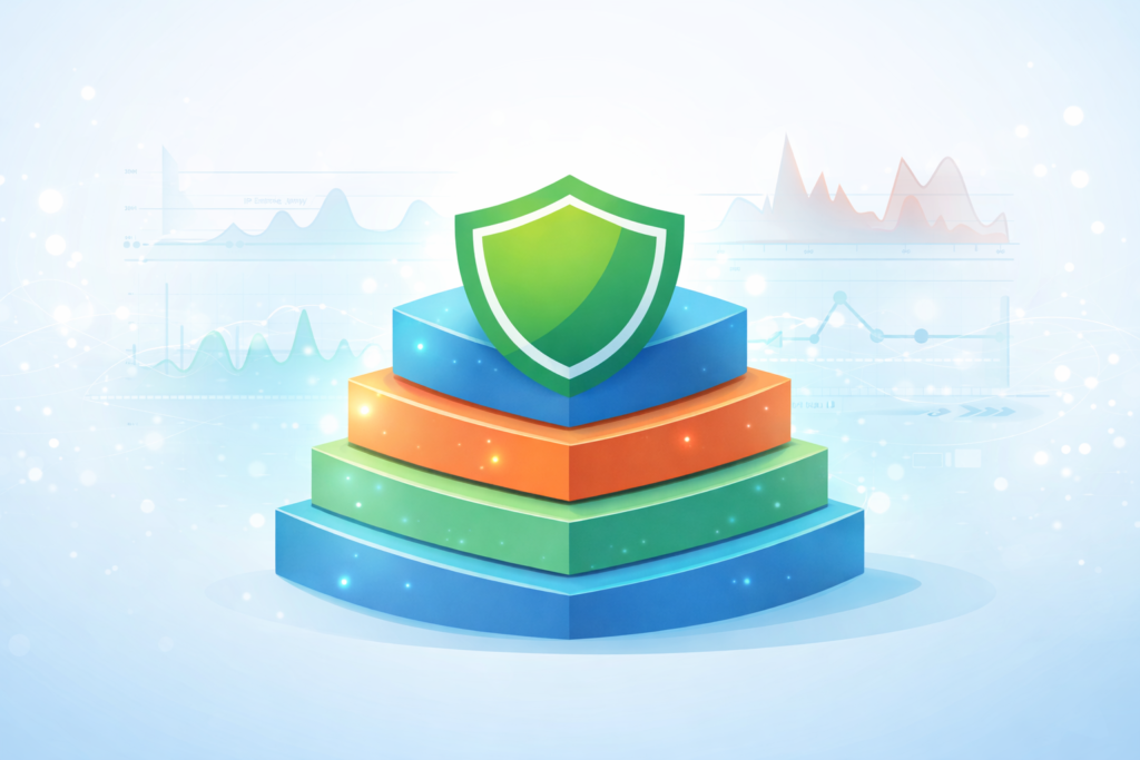 Layered security pyramid with shield representing detecting DDoS attacks flow analysis framework with analytics background