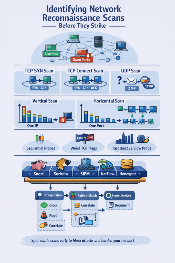 Diagram showing network scanning techniques including TCP SYN, Connect, UDP, vertical, and horizontal scans for identifying network reconnaissance scans.