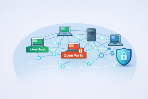 Network diagram illustrating live hosts and open ports for identifying network reconnaissance scans with security shield.