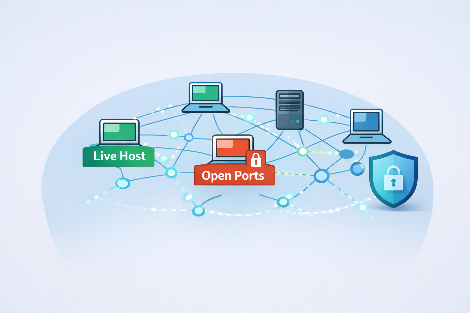 Network diagram illustrating live hosts and open ports for identifying network reconnaissance scans with security shield.