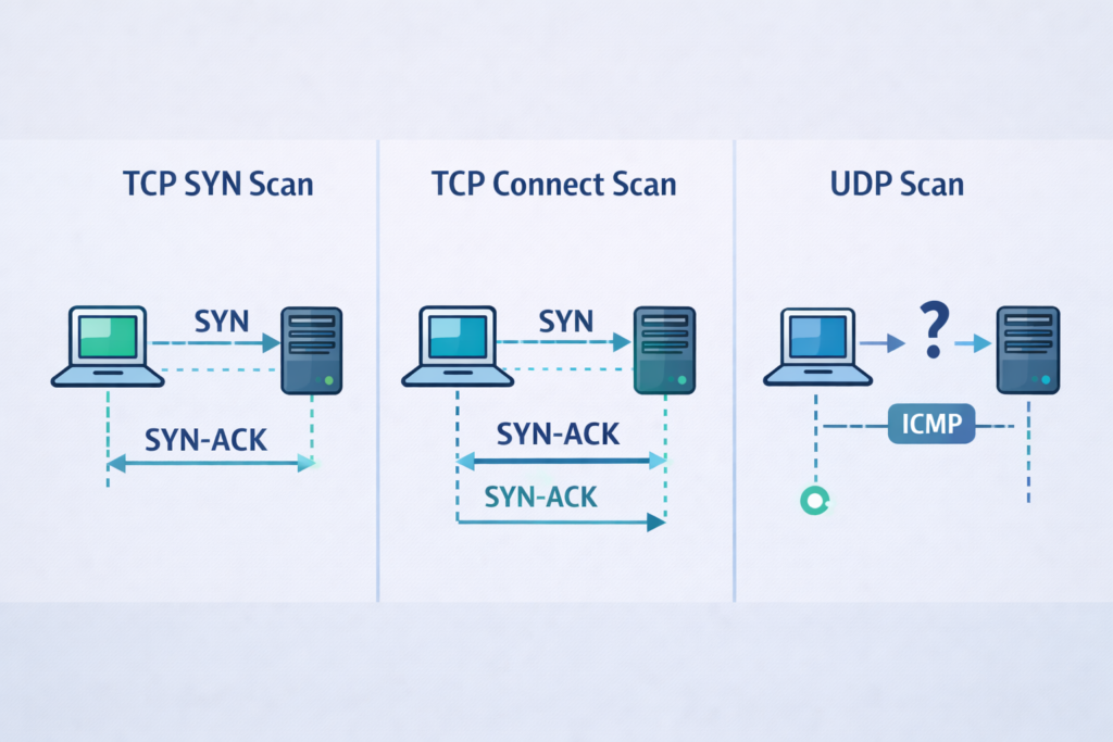 Three scan types for identifying network reconnaissance scans: TCP SYN, TCP Connect, and UDP with handshake diagrams.