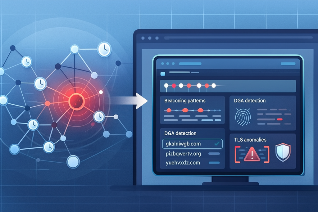 Security dashboard displaying network patterns, timing analysis, and domain monitoring for detecting C2 communication behavior.