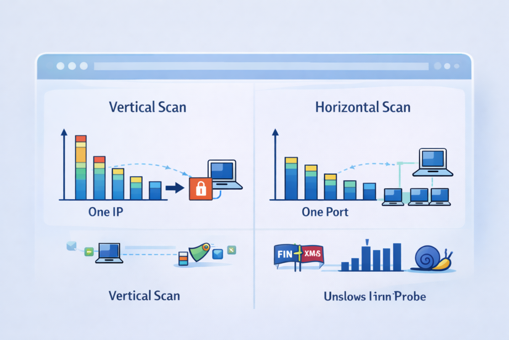 Visual comparison of vertical and horizontal scan patterns for identifying network reconnaissance scans with speed indicators.