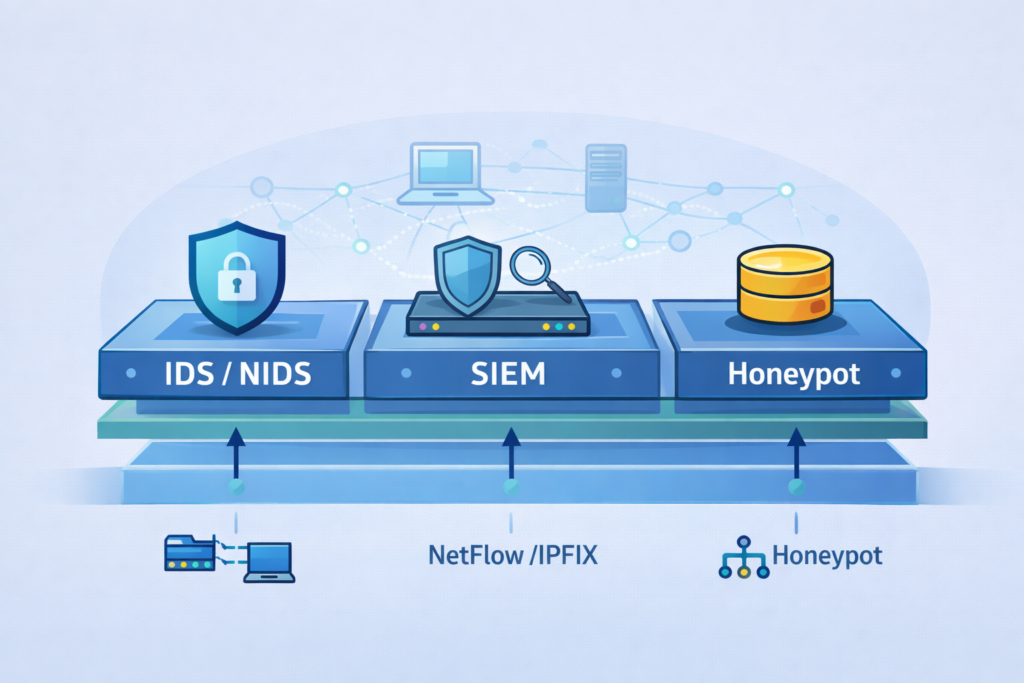 Network security architecture diagram showing IDS/NIDS, SIEM, and honeypot systems for identifying network reconnaissance scans