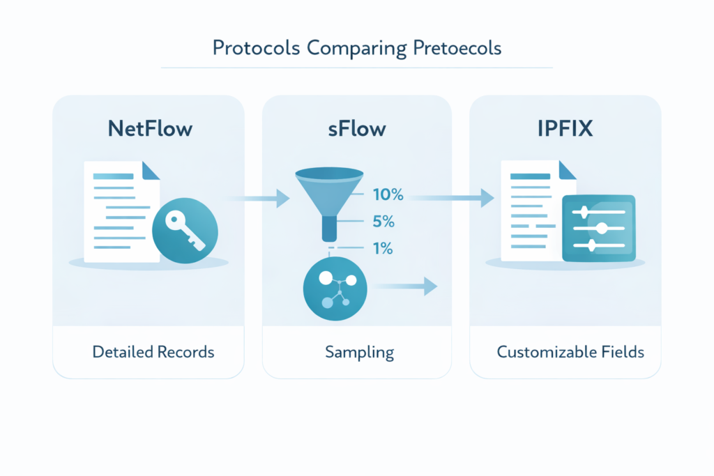 Flow analysis tools comparison diagram showing NetFlow detailed records, sFlow sampling, and IPFIX customizable fields