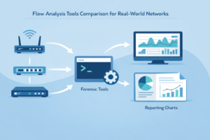 Flow analysis tools comparison diagram showing network devices connected to forensic tools and reporting dashboards