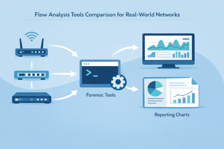 Flow analysis tools comparison diagram showing network devices connected to forensic tools and reporting dashboards