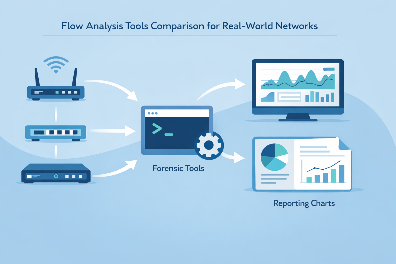 Flow analysis tools comparison diagram showing network devices connected to forensic tools and reporting dashboards