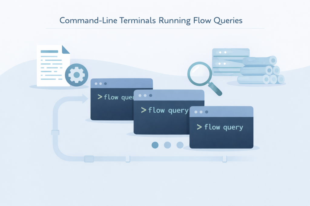 Command-line terminals executing flow queries for flow analysis tools comparison with magnifying glass and data logs