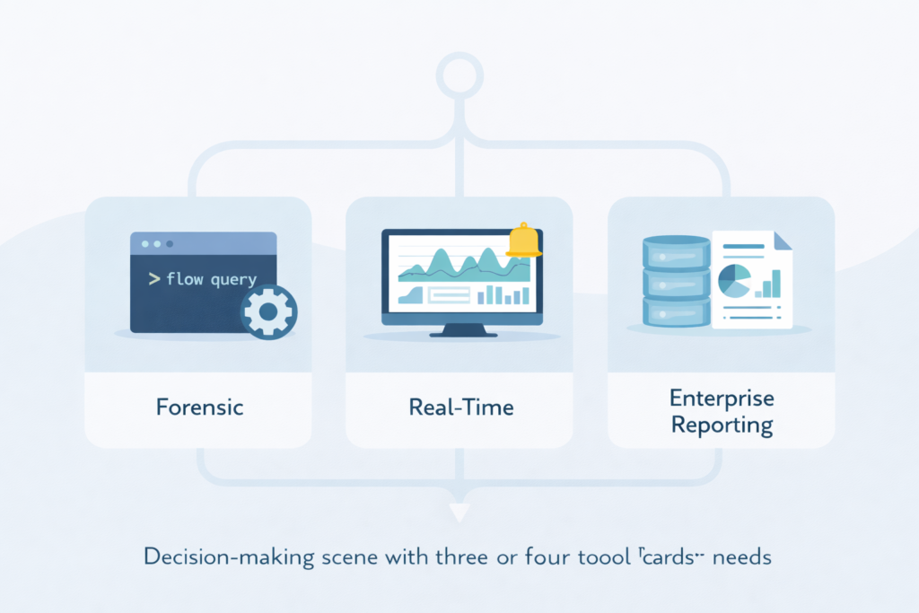 Comparison of flow analysis tools showing forensic query interface, real-time monitoring dashboard, and enterprise reporting database