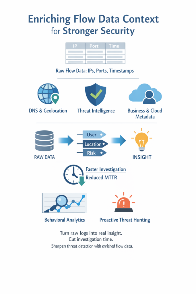 Enriching flow data context transforms raw network logs into actionable security insights through user, location, and risk tagging.