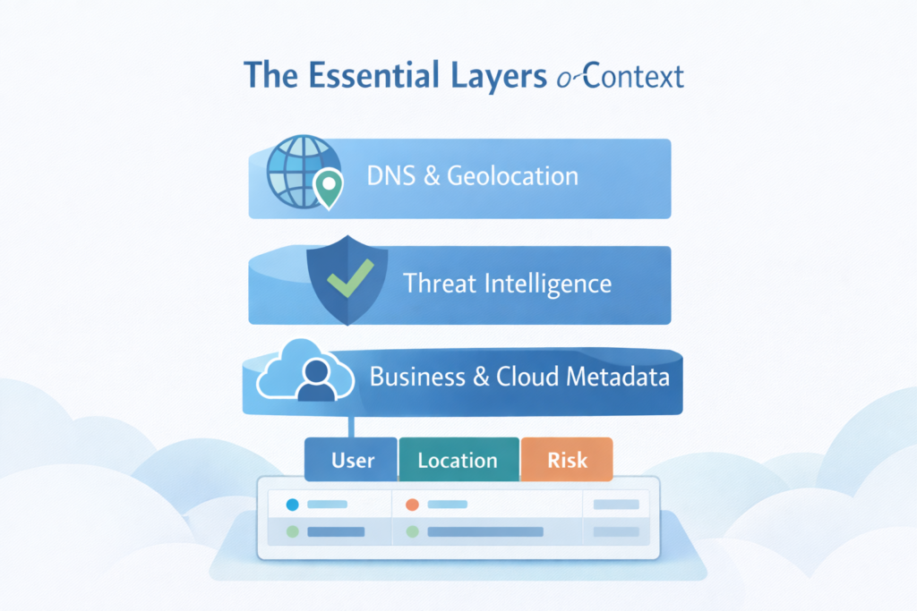 Layered diagram showing enriching flow data context through DNS, geolocation, threat intelligence, and cloud metadata sources.