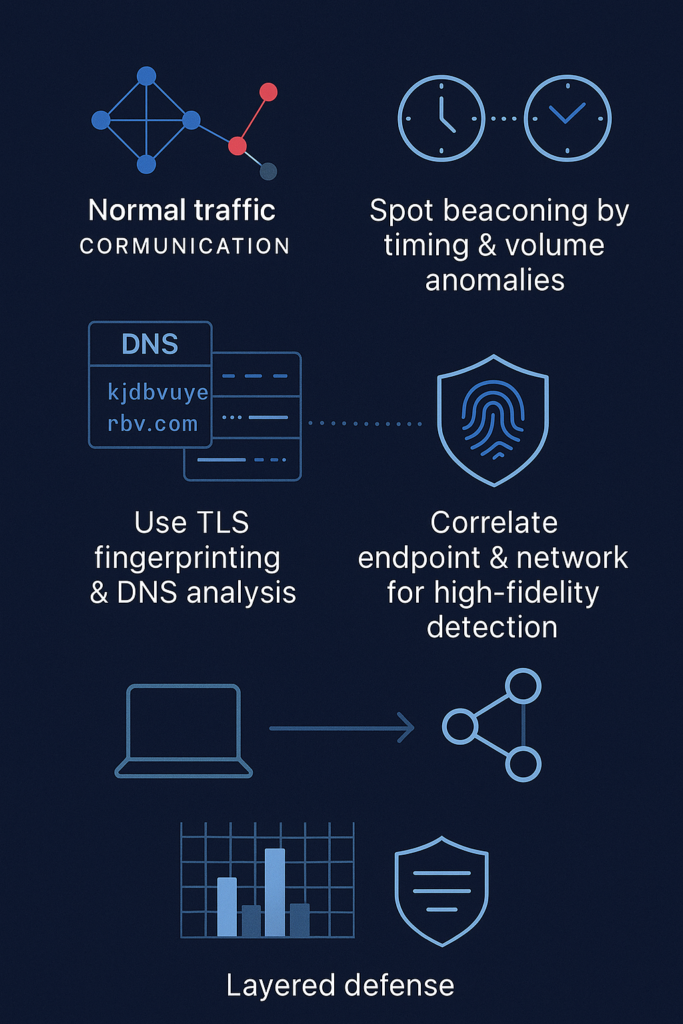 Network security diagram showing methods for detecting C2 communication behavior through traffic analysis and monitoring.