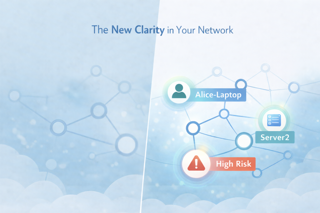 Network diagram showing enriching flow data context with identified users, devices, and risk levels for enhanced visibility.