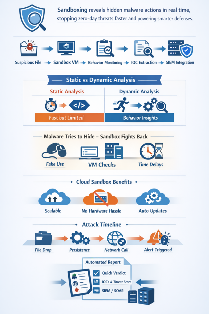  Infographic showing sandboxing for malware analysis workflow, from suspicious files through virtual testing to threat detection.