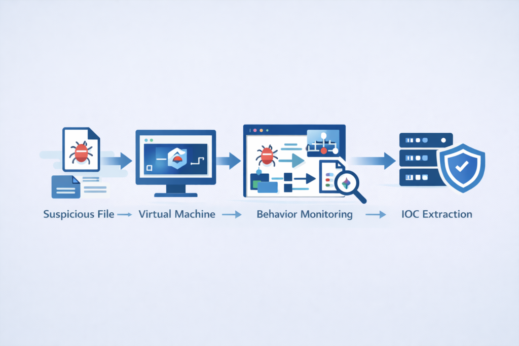 Sandboxing for malware analysis process showing suspicious files tested in virtual machines with behavior monitoring and IOC extraction.