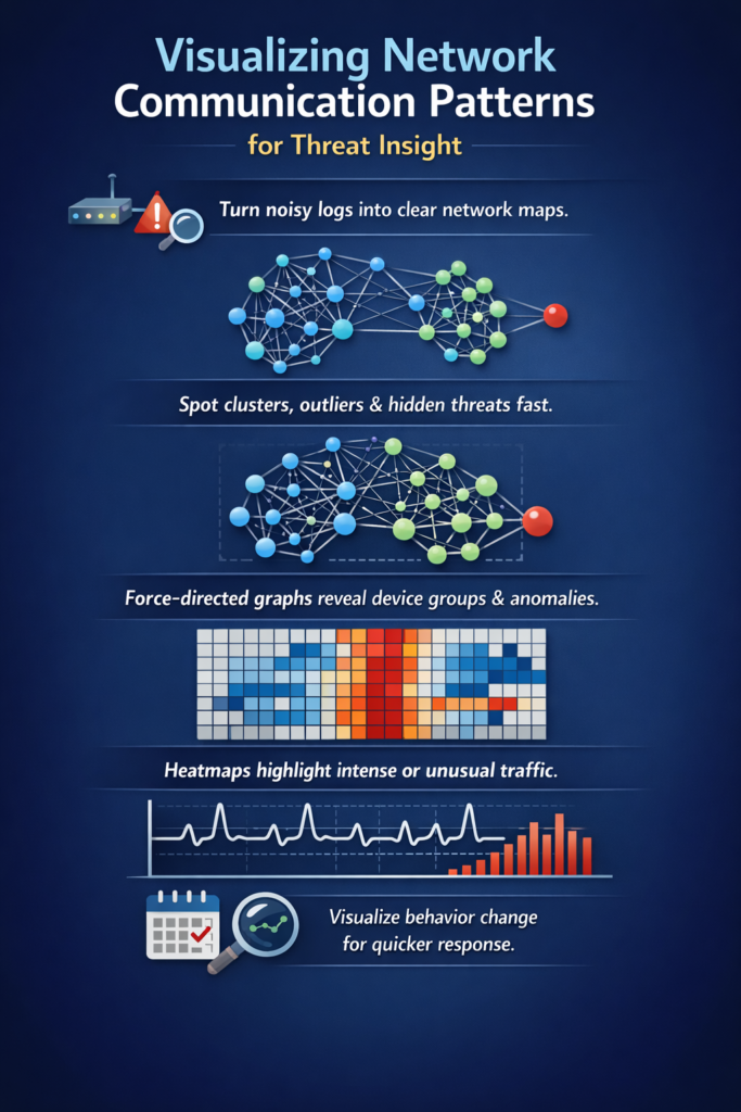 Infographic showing visualizing network communication patterns through graphs, heatmaps, and charts for cybersecurity threat detection.