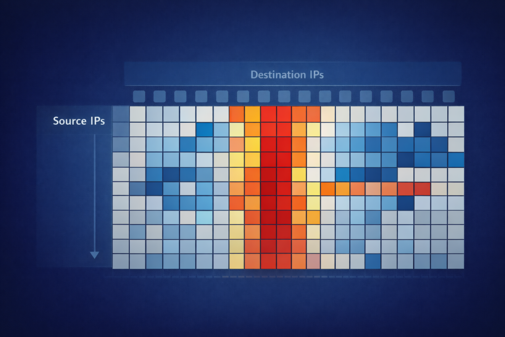 Heatmap matrix showing source to destination IP traffic for visualizing network communication patterns and security analysis.