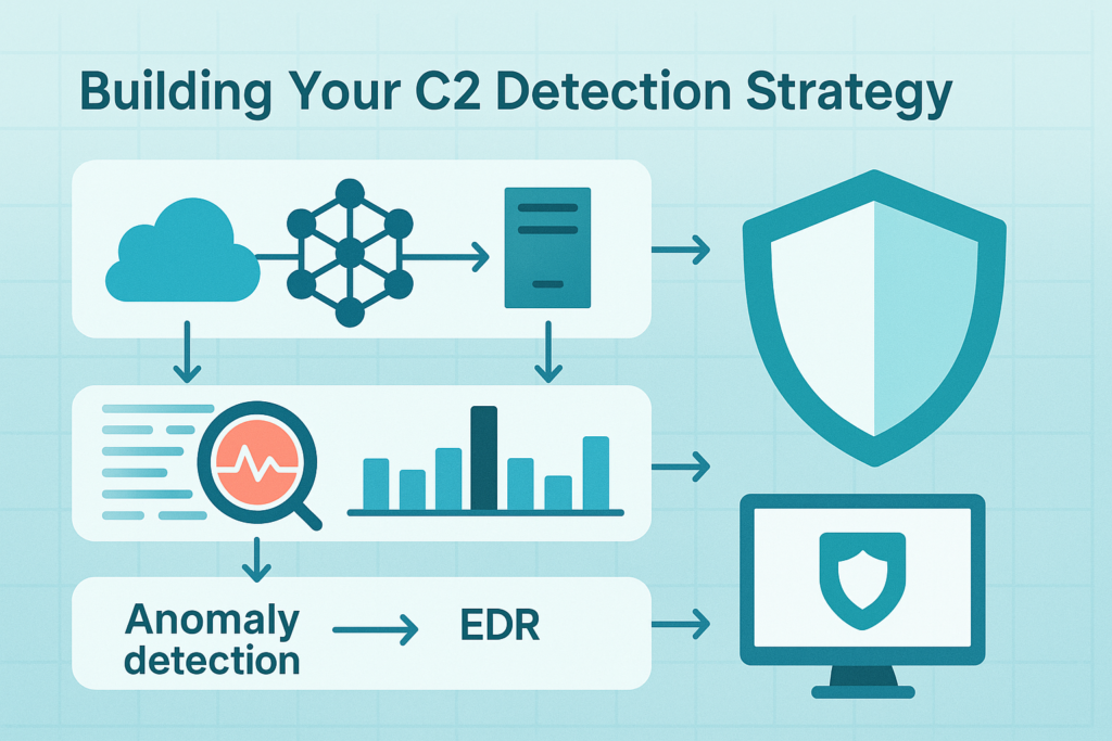 Flowchart showing network analysis, data monitoring, and security shields for detecting C2 communication behavior.