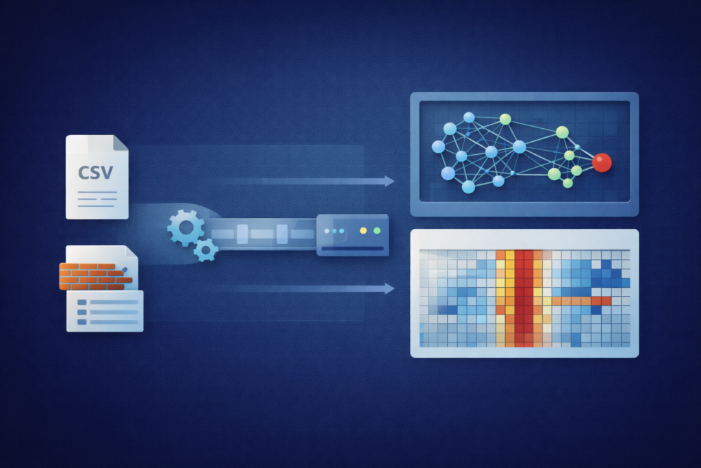 Data processing workflow showing CSV and firewall logs transformed into network graphs and heatmaps for visualizing patterns