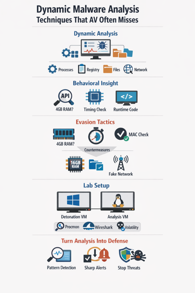Infographic illustrating dynamic malware analysis techniques including behavioral monitoring, evasion tactics, lab setup, and defense strategies.
