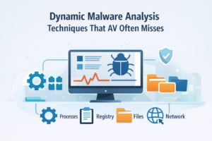 Computer monitor displaying bug icon with activity graph, surrounded by process gears, registry, files, and network icons showing dynamic malware analysis techniques.