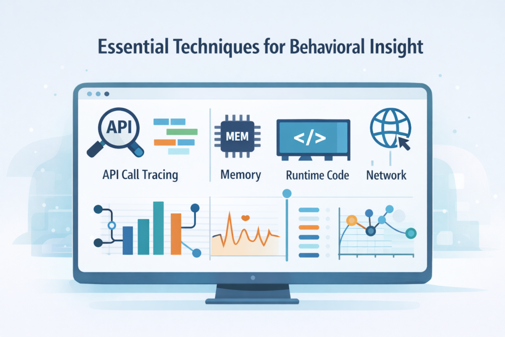 Monitor displaying dynamic malware analysis techniques: API call tracing, memory monitoring, runtime code analysis, and network tracking.