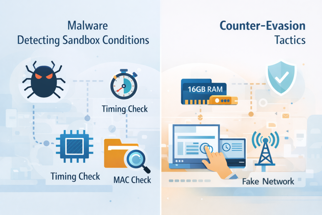 Split image showing malware sandbox detection methods and counter-evasion tactics used in dynamic malware analysis techniques.