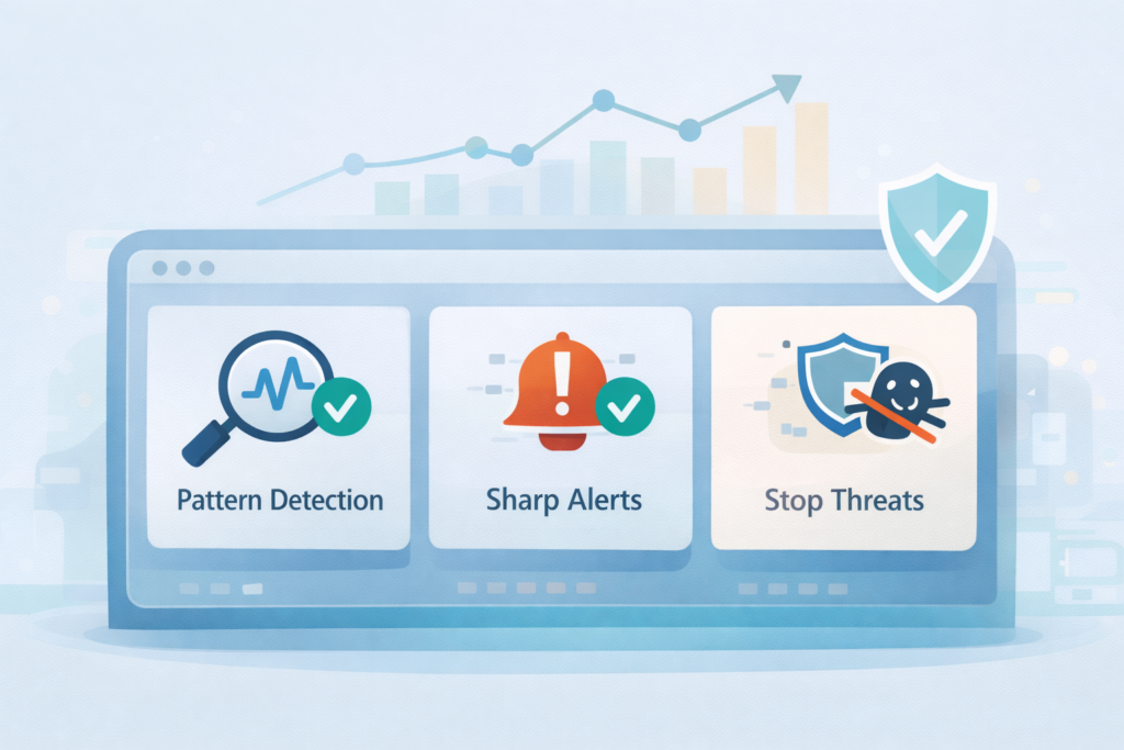 Browser dashboard showing dynamic malware analysis techniques: pattern detection, alert system, and threat blocking with security shield.