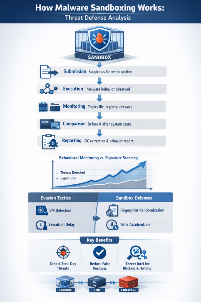 Comprehensive infographic showing how malware sandboxing works analysis through submission, execution, monitoring, and reporting stages.