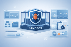 Central sandbox shield with bug icon surrounded by monitoring screens demonstrating how malware sandboxing works analysis.