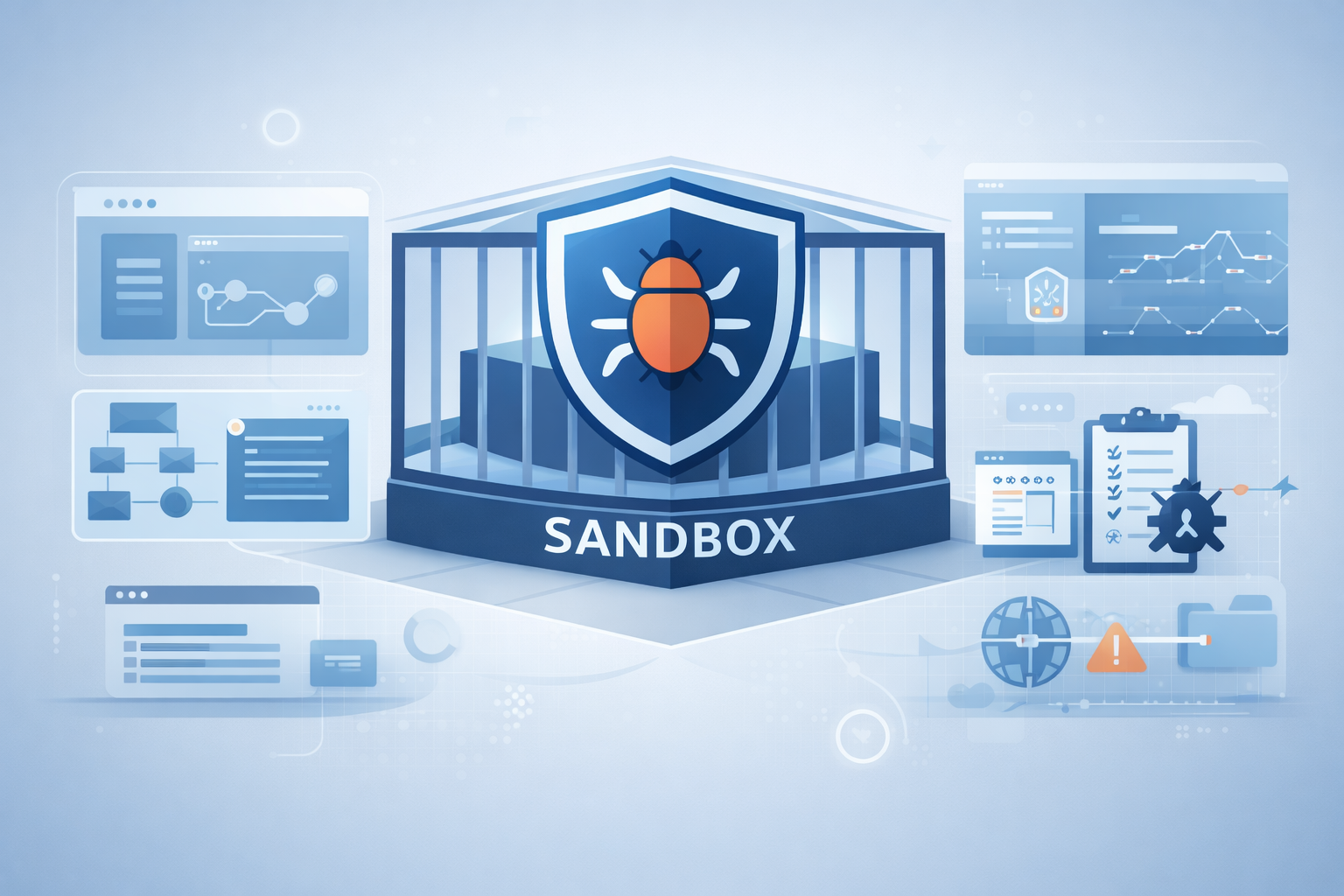 Central sandbox shield with bug icon surrounded by monitoring screens demonstrating how malware sandboxing works analysis.