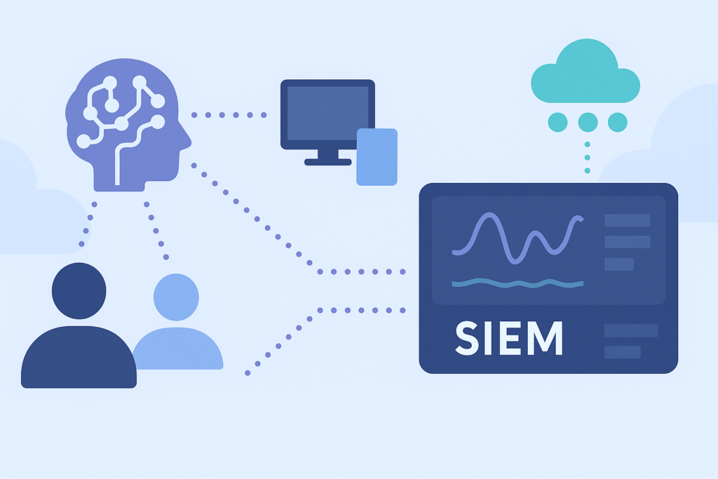 Integrating behavior analysis SIEM with AI brain, users, devices, and cloud data flowing into security monitoring systems. 