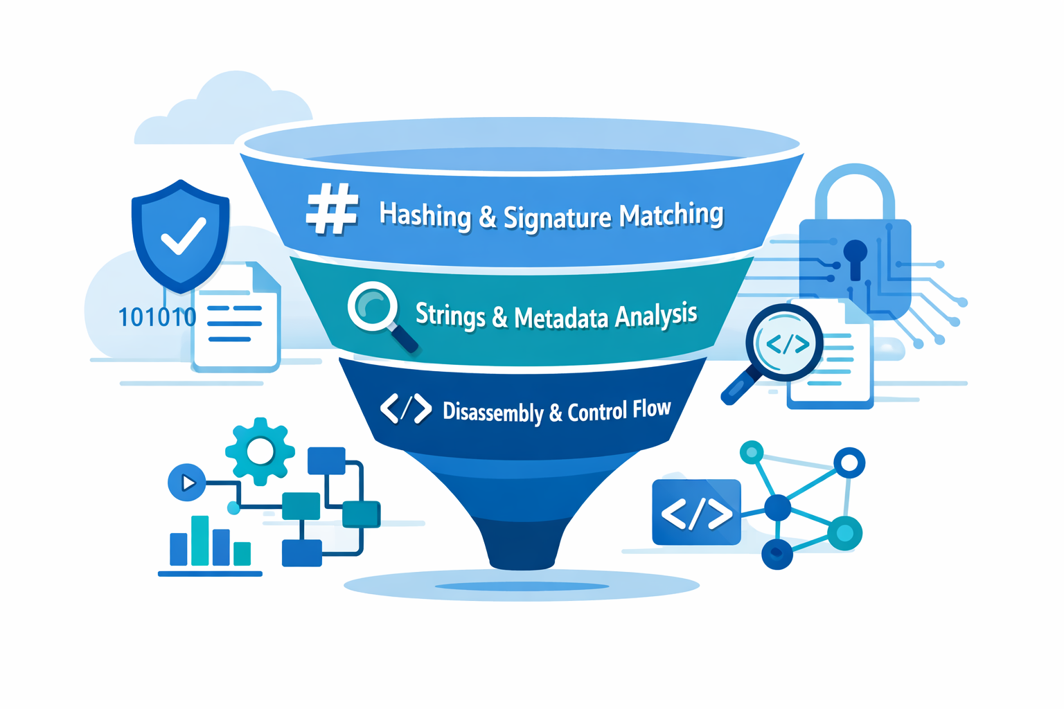 Three-tier funnel illustrating static malware analysis methods comparison: hashing, strings analysis, and disassembly techniques.