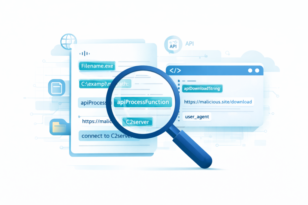 Magnifying glass examining code snippets and API calls demonstrating static malware analysis methods comparison techniques.