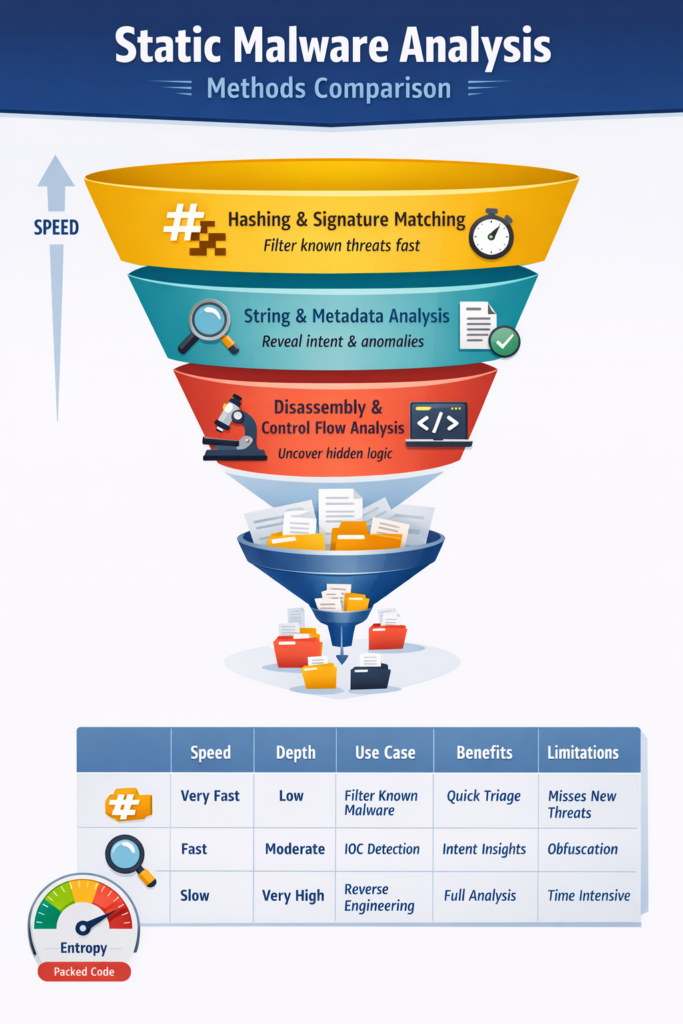 Funnel diagram showing static malware analysis methods comparison with speed, depth, benefits, and limitations for each approach.