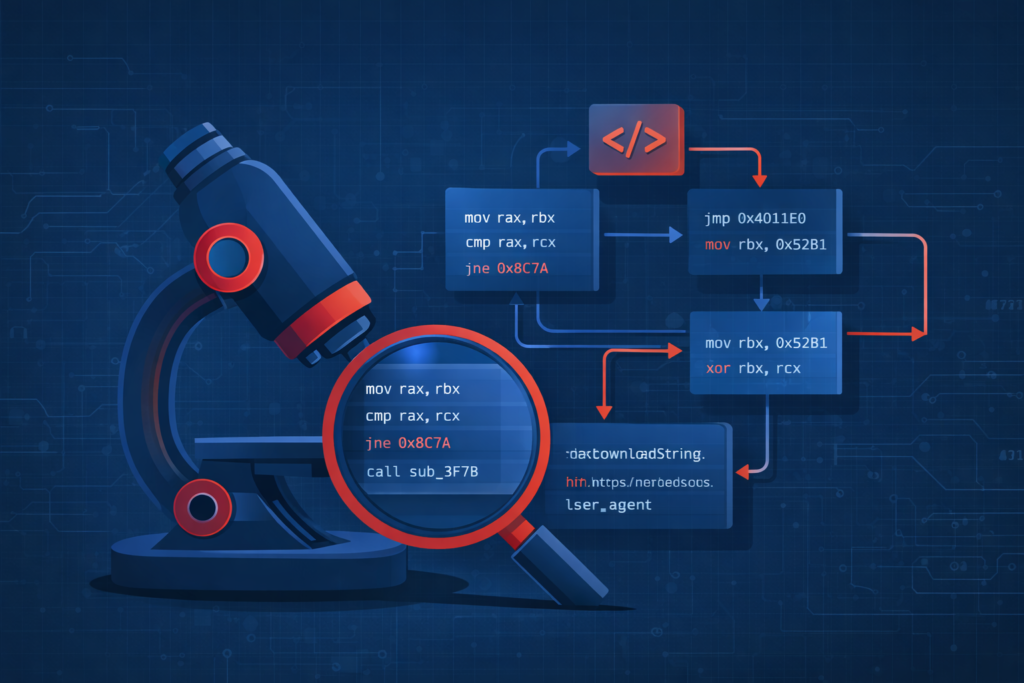 Microscope examining assembly code and control flow graphs showing static malware analysis methods comparison in reverse engineering.