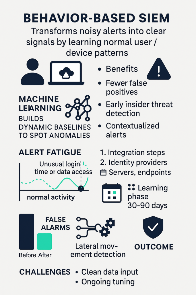 Diagram showing integrating behavior analysis SIEM through machine learning to detect security threats and reduce false alerts.