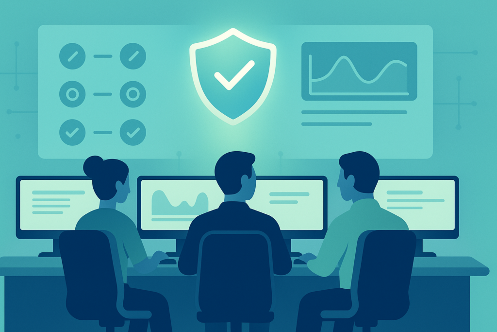 Security team integrating behavior analysis SIEM at workstations with shield icon and monitoring dashboards displayed.