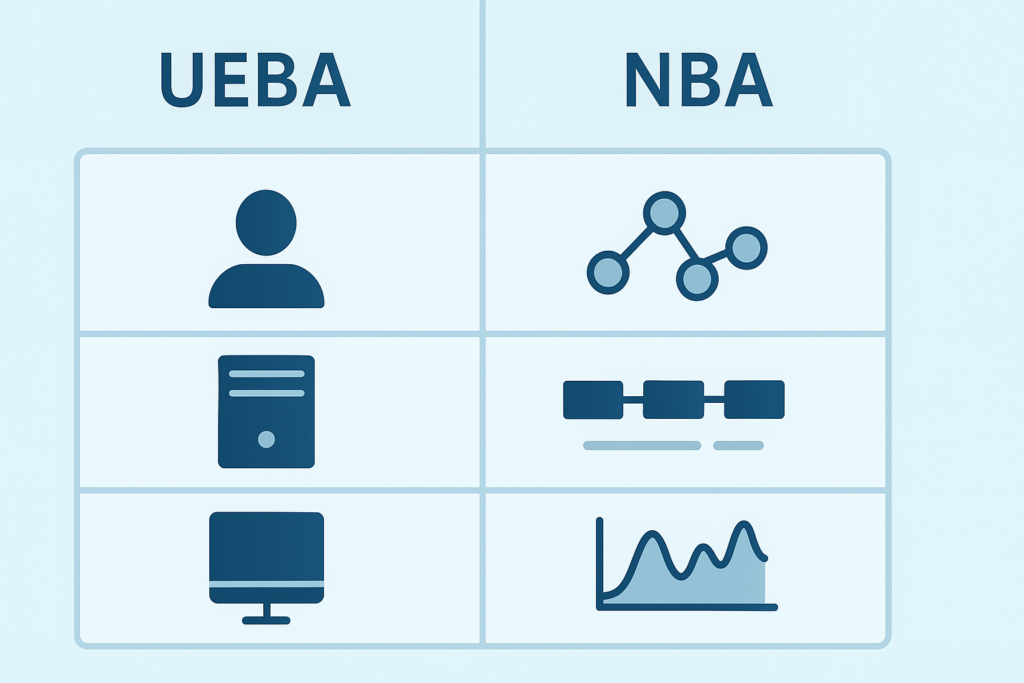 UEBA vs NBA comparison showing user, device, endpoint icons versus network topology, data flow, and traffic analysis icons.