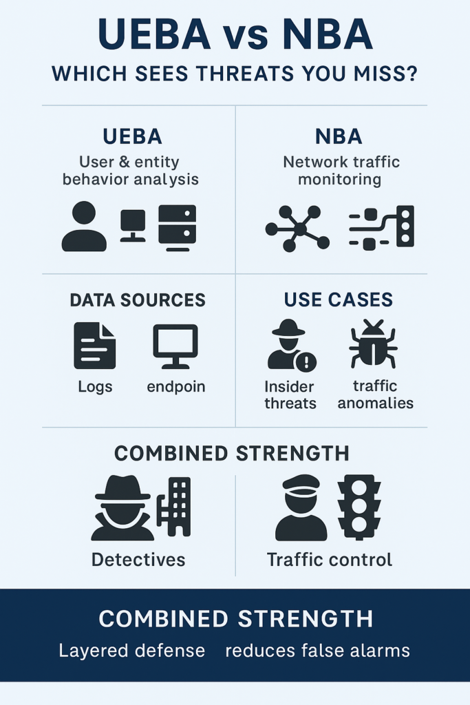 Infographic comparing UEBA vs NBA security approaches showing behavior analysis versus network monitoring with combined strength benefits.
