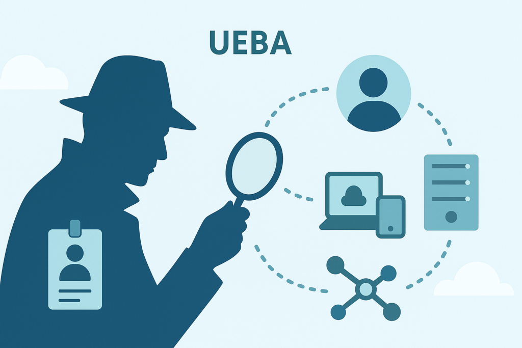 UEBA vs NBA comparison: detective analyzing user behavior across devices, servers, and network connections with magnifying glass. 