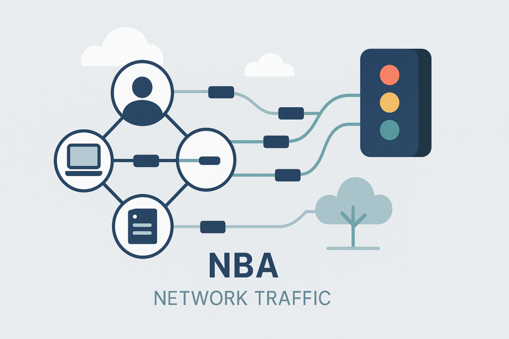 UEBA vs NBA comparison: network diagram showing NBA monitoring traffic flow between users, devices, and systems with control points.